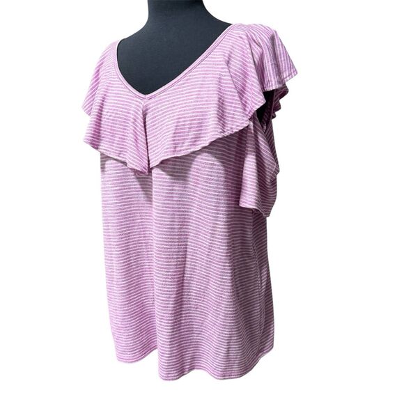 Lane Bryant Cold Shoulder Ruffle Top Women’s Sz 14/16 Purple Stripe Short Sleeve - Picture 1 of 6